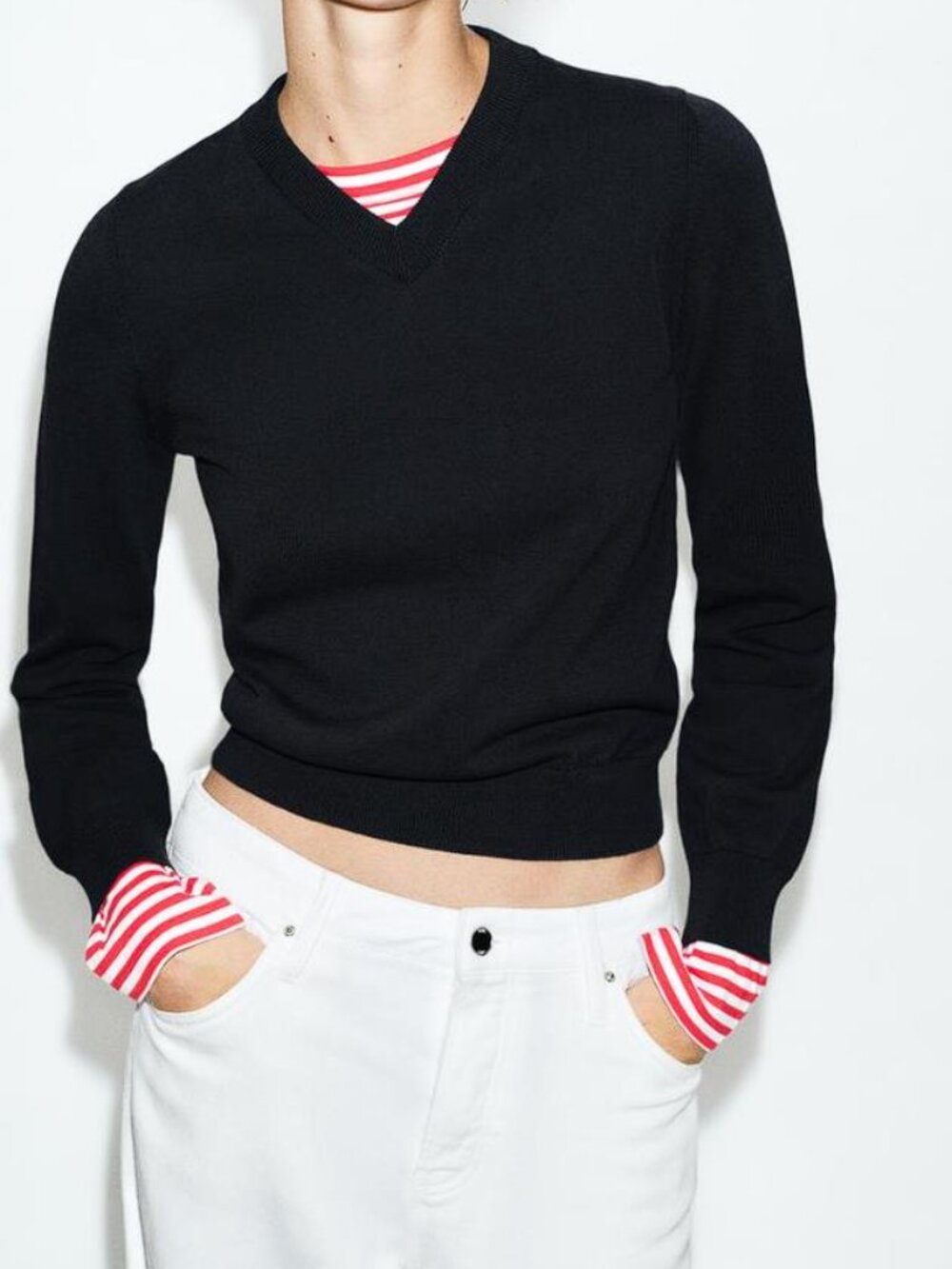 ZARA Women's Combination Striped Knit Jumper Size M In Navy Blue
